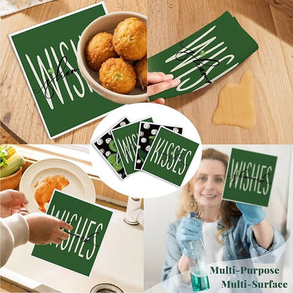Lucky Wishes Green Swedish Dishcloths for Kitchen, Swedish Dish Cloths for Four-Leaf Clover, 4 Pack Dish Towels for Kitchen, Papaya Reusable Paper Towels Washable