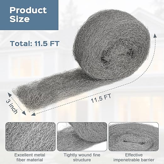 Steel Wool Mice Control, 3 Pack 3" x 11.5 Ft Mouse Hole Filler, Mice Barrier Mouse Gap Filler for Garden, House, Garage, Prevent Animals from Entering Holes, Siding, Pipeline, Vents