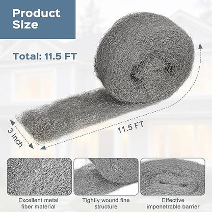 Steel Wool Mice Control, 3 Pack 3" x 11.5 Ft Mouse Hole Filler, Mice Barrier Mouse Gap Filler for Garden, House, Garage, Prevent Animals from Entering Holes, Siding, Pipeline, Vents