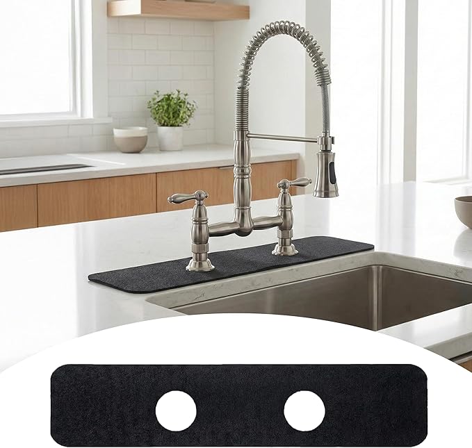 Faucet Mat for Kitchen Sink 2 Holes: 23.5’’Lx4.5’’W Splash Guard Fits 8 Inch Widespread Farmhouse Vintage Bathroom Dual Handle Faucet - Cuttable Counter Protector Drip Catcher for Irregular Sink