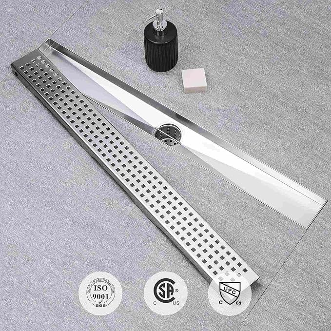 SaniteModar Linear Shower Drain,Linear Drain 28 inch with Removable Square Hole Panel, AISI304 Brushed Stainless Steel Shower Floor Linear Drain with Adjustable Feet and Hair Catcher