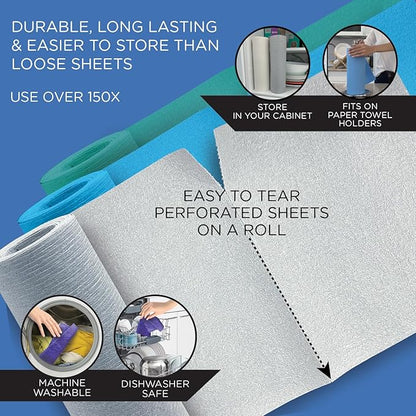 Swedish Dishcloths for Kitchen XL, 30 Sheet Roll, Biodegradable & Compostable, Reusable Paper Towel Cleaning Cloths, 11" x 10", No Odor, Washing Dishes, Ultra Absorbent Cellulose Sponge Towel, By LOLA