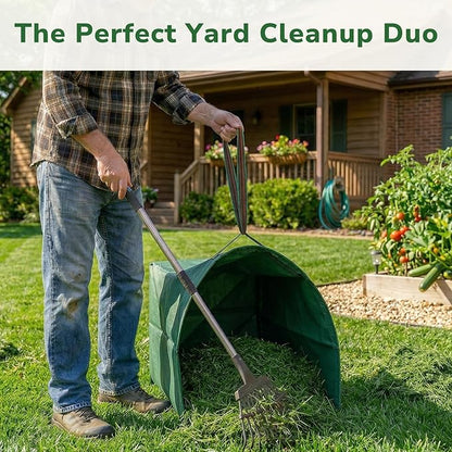 GreatBuddy Leaf Rake and Leaf Bags Combo, Adjustable Metal Garden Rake 29''-72'' 11Tines, 2 Pack 72 Gallon Reusable Yard Waste Bags, Heavy Duty Lawn Rake with Dustpan Leaf Collector for Yard Cleanup