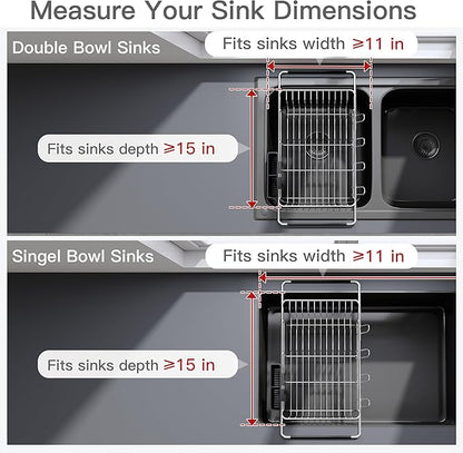 Over the Sink Expandable Dish Drainer Drying Rack In Stainless Steel for Small Kitchen, Counter Space Saving Modern Compact Metal Above Plate Dryer Strainer, Adjustable Hanging Inside Drain Holder