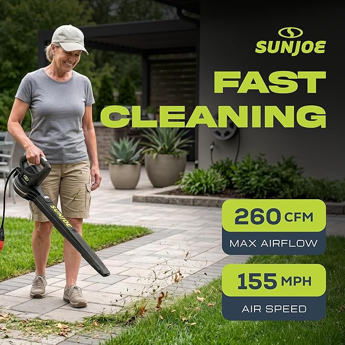 Sun Joe Corded Electric Leaf Blower Machine, 155 MPH, 260 CFM, 6-Amp Motor, Black - Portable and Lightweight Gardening Equipment for Yard Care and Lawn Maintenance, SBJ597E