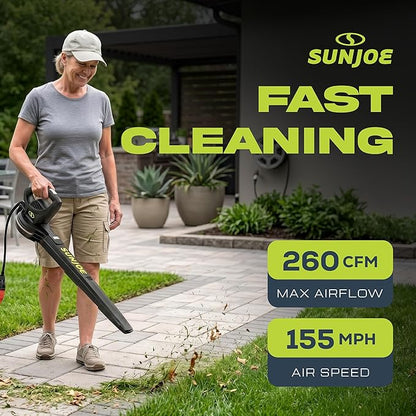 Sun Joe Corded Electric Leaf Blower Machine, 155 MPH, 260 CFM, 6-Amp Motor, Black - Portable and Lightweight Gardening Equipment for Yard Care and Lawn Maintenance, SBJ597E