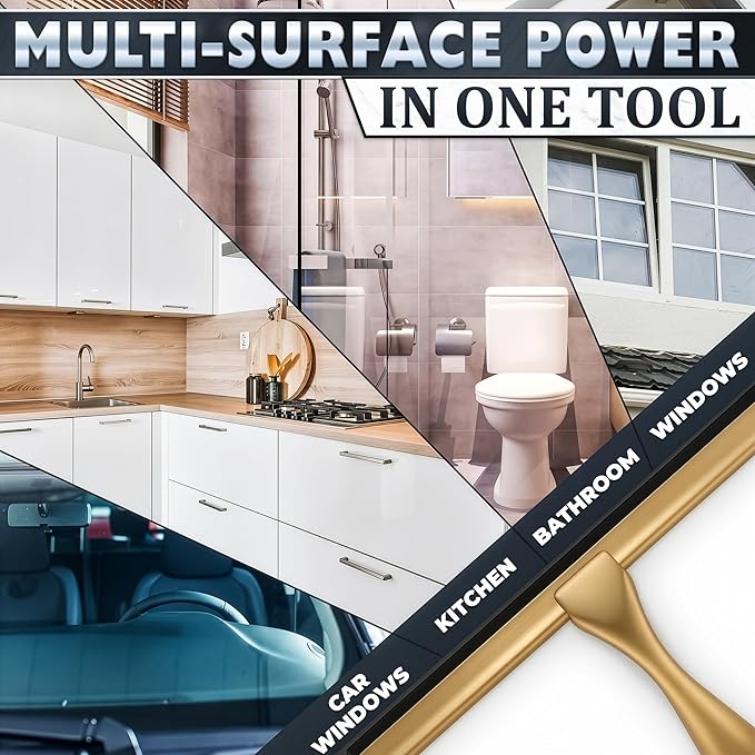 14 Inch Shower Door Squeegee - Gold Squeegee for Shower Glass with Stainless Steel Body, Silicone Blade, Adhesive & Hanging Hooks for Streak-Free Mirror, Tile, Window, Bathroom, Car, Everyday Home Use