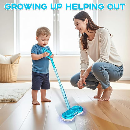 BLAXTEM Kids Electric Spray Spin Mop Toy, Rechargeable Cordless Electric Mop W/ LED Headlight & Water Sprayer for Children Boys & Girls, Cleaning Toy for Pretend Play (Light Blue)