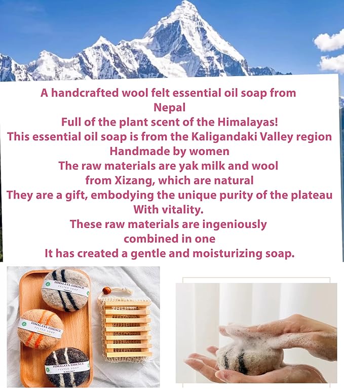 Handmade Felted Soap with Tibetan Yak Milk & Wool - Natural Exfoliating Bar for Face & Body, 6 Scents, Includes Bamboo Dish & Travel Pouch (Black Salt)
