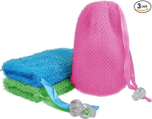 Linkidea Exfoliating Mesh Soap Bag, Nylon Bar Soap Saver Pouch with Drawstring, Exfoliator Body Scrubber Soap Pocket Holder for Bath Shower (3 Pcs)