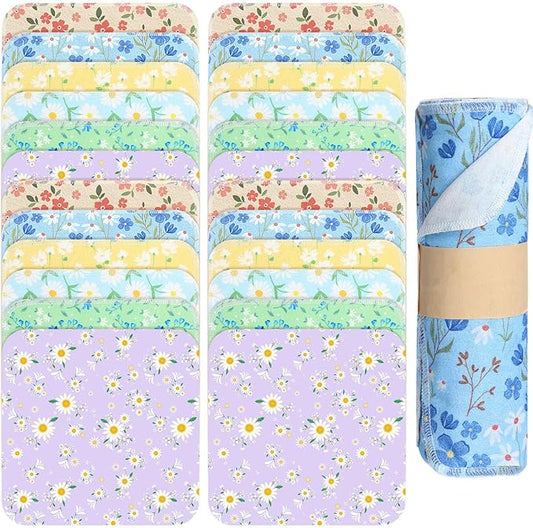 Tiamon 24 Pcs Reusable Paper Towels Roll Flower Kitchen Towels Absorbent Washable Cotton Cloth Dishtowels Paperless Wildflower Hand Dishcloths for Spring Home Kitchen Bathroom Cleaning Housewarming
