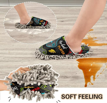 Microfiber Cleaning Slippers Gamepad Washable Mop Shoes Slipper for Men/Women House Floor Dust Cleaner, Size L