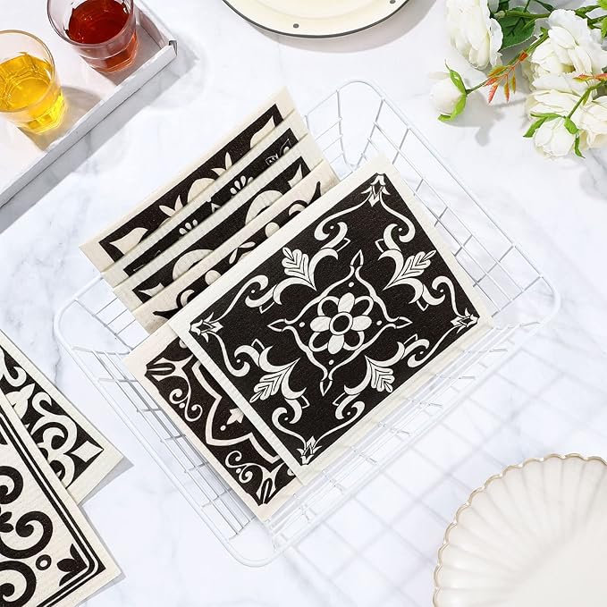 WILLBOND 9 Pieces Black Print Swedish Kitchen Dishcloths Reusable Absorbent Hand Towels Sponge Cloth for Kitchen Baking Cooking Home Decoration Christmas Holiday Housewarming Gift