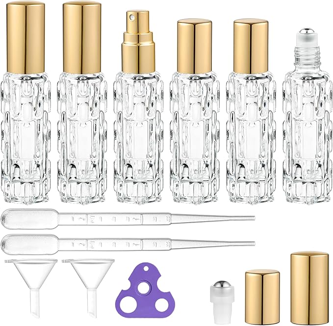 6 Pack Glass Bottles, 3×10ml Roller Bottles & 3×10ml Fine Mist Spray Bottles, Refillable Travel Containers for Essential Oils, Perfume, Liquids (Gold Caps)