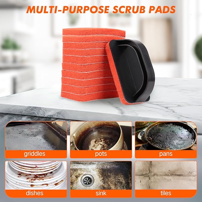 Griddle Scour Pads, Non-Scratch Nylon Scouring Pads with Handle, Grill Scrubbers, Cast Iron Polishing Pads, Heavy Duty Scrubbing Pads for Cleaning Walls- 11 Scrub Pads and 1 Handle