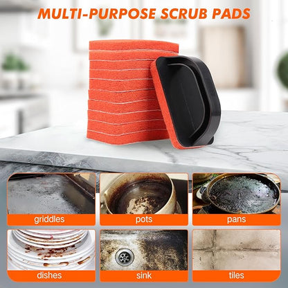 Griddle Scour Pads, Non-Scratch Nylon Scouring Pads with Handle, Grill Scrubbers, Cast Iron Polishing Pads, Heavy Duty Scrubbing Pads for Cleaning Walls- 11 Scrub Pads and 1 Handle