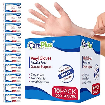 CARE PLUS Vinyl Gloves Clear Medium Size 1000 Count | Heavy Duty, Non-Sterile, Powder-Free, Latex-Free Rubber | Food Prep, Kitchen & Cleaning Gloves, Ideal for Professional Use