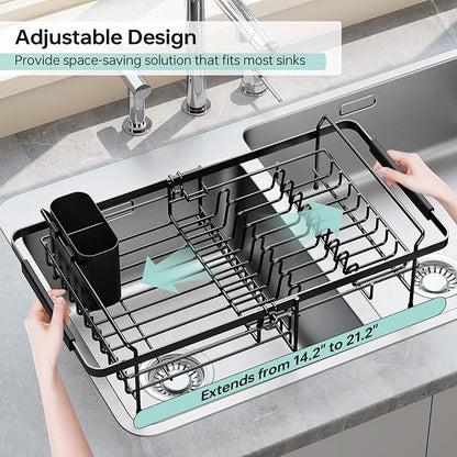 Urackify Dish Drying Rack in Sink - Expandable (14.5''-18''L) Over The Sink Dish Rack with Utensil Holder, Space-Saving Dish Drainer for Kitchen Counter, 1 Piece, Matte Black
