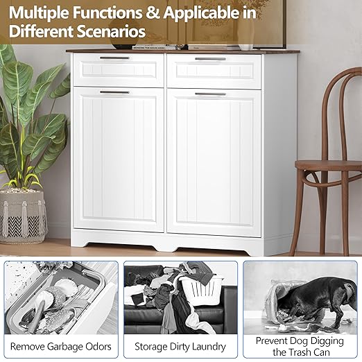 Double 10 Gallon Tilt Out Trash Can Cabinet with Deodorizing Function and Power Outlet, Wooden Hidden Garbage Can Holder with 2 Storage Drawers for Kitchen, Laundry Hamper Cabinet for Bathroom, White