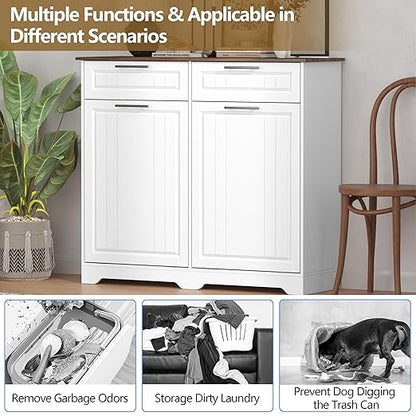 Double 10 Gallon Tilt Out Trash Can Cabinet with Deodorizing Function and Power Outlet, Wooden Hidden Garbage Can Holder with 2 Storage Drawers for Kitchen, Laundry Hamper Cabinet for Bathroom, White
