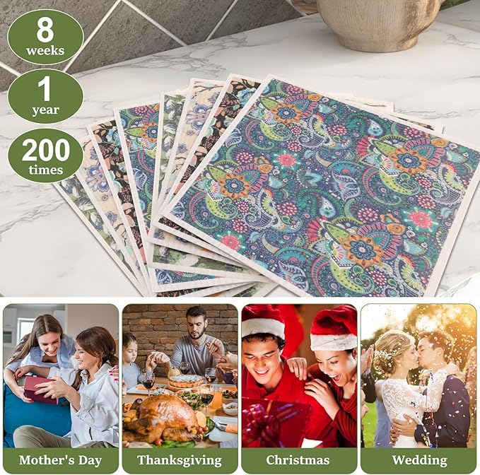 8Pcs Swedish Dishcloths for Kitchen, Quick-Drying Reusable Paper Towels, Absorbent Washable Kitchen Dish Rags, Soft Cellulose Sponge Cloths for Countertop Sink Flower Bird (8pcs Floral Fragments)