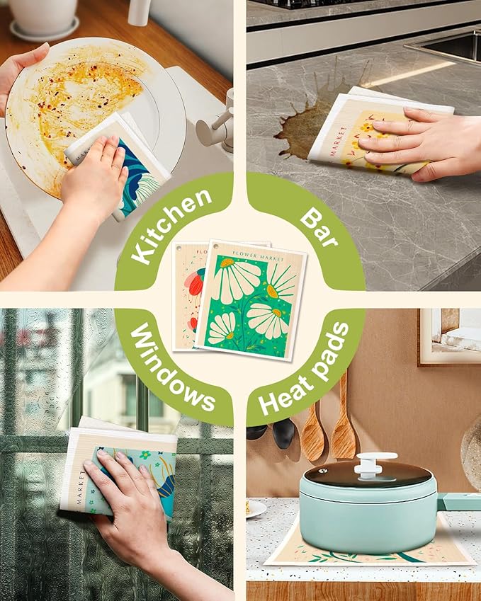Miss Adola Swedish Dishcloths for Kitchen - 5 Pack Reusable Dish Cloths for Washing Dishes Absorbent Cute Funny Kitchen Towels Cleaning Sponge, Cartoon Flower