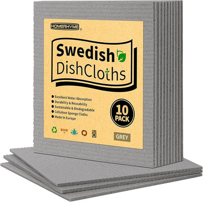 Swedish Dishcloths, 10 Pack Absorbent Dish Towels for Kitchen, Multipurpose Cellulose Sponge Cloths, Reusable Washable Towels for Home & Kitchen, Grey