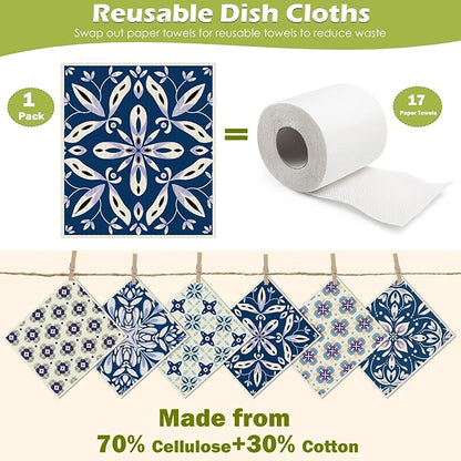 6 Packs Swedish Paper Cloths for Kitchen, Reusable Paper Towels Washable Dish Rags, Highly Absorbent Kitchen Towels Quick Drying Swedish Sponge Cleaning Dish Cloths (Blue Ornamentation)