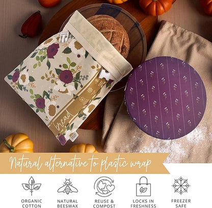 Nectar & Nest Bread Baker Set, Reusable Beeswax Bread Bags for Homemade Bread, Sourdough Bag, Organic Cotton Beeswax Bowl Cover, Limited-Edition Artist Series (December Blooms by Mackenzie Nelson Art)