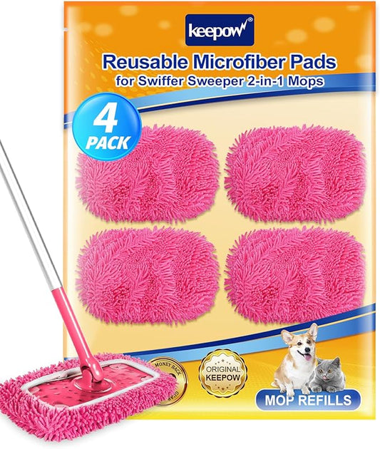 KEEPOW Pink Reusable Dry Sweeping Cloths Microfiber Wet Mop Pads Compatible with Swiffer Sweeper Mop Replacement Sweeping Mopping pad Refills for Hardwood Surface Floor Cleaning (4PCS)