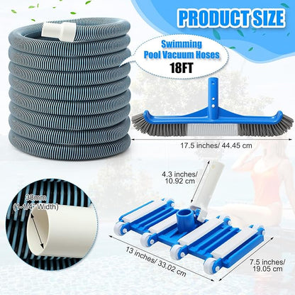3 Pcs Pool Cleaning Kit Swimming Pool Vacuum Head Hoses 1-1/2" x 30ft with Swivel Wheel Vacuum Head and 14 '' Brush for Inground & Above Ground Pools Spas Ponds Cleaning Manual(Wheel)