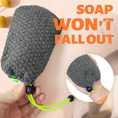 MIG4U Exfoliating Soap Bag for Shower 2 Pieces - Bar Soap Saver Pouch, Bamboo Body Scrubber Exfoliator Pocket in Travel Bathing, Grey