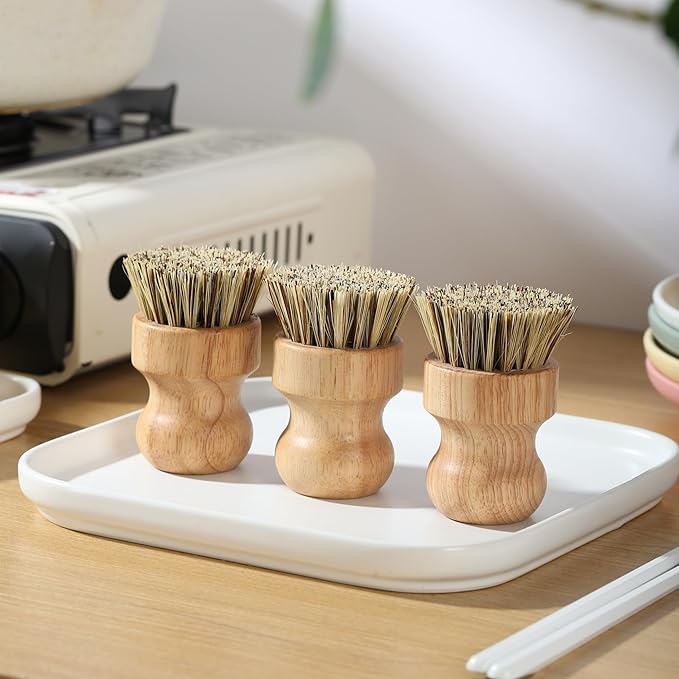 Dish Scrub Brush,Palm Pot Brush. Set of 3 Packs,Kitchen Mini Dish Brush,Palm Pot Brush,Bamboo with a Rubberwood Handle Cleaning Kit for Skillet,Washing Dishes,Vegetables,Pots, Pans.