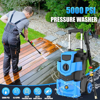 5000 PSI Professional Electric Pressure Washer,4.0 GPM Heavy Duty Power Washer with 4 Nozzles,Foam Cannon,33FT Hose and 500ml Soap Bottle for Home/Cars(Blue)