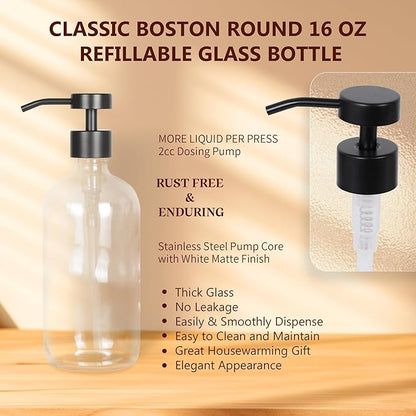 Ronasip Set of 5 Kitchen Soap Dispenser Set 16 Oz Glass Hand Dish Soap Dispenser with Stainless Steel Pump, Cement Tray, Dish Scrub Brush for Farmhouse Rustic Home Bathroom Decor (Transparency)