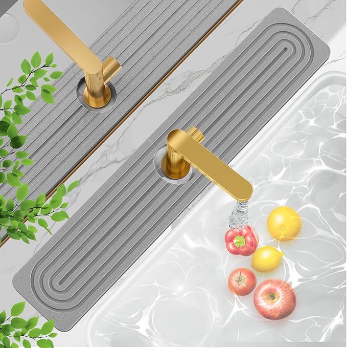 24'' Longer Stone Faucet Mat for Kitchen Sink [Super Absorbent, 30s Quick Drying] Water Absorbing Stone Tray for Sink Stone Mat for Kitchen Sink Stone Quick Dry Around Faucet Diatomite Stone Sink Tray