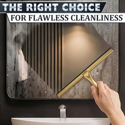 14 Inch Shower Door Squeegee - Gold Squeegee for Shower Glass with Stainless Steel Body, Silicone Blade, Adhesive & Hanging Hooks for Streak-Free Mirror, Tile, Window, Bathroom, Car, Everyday Home Use