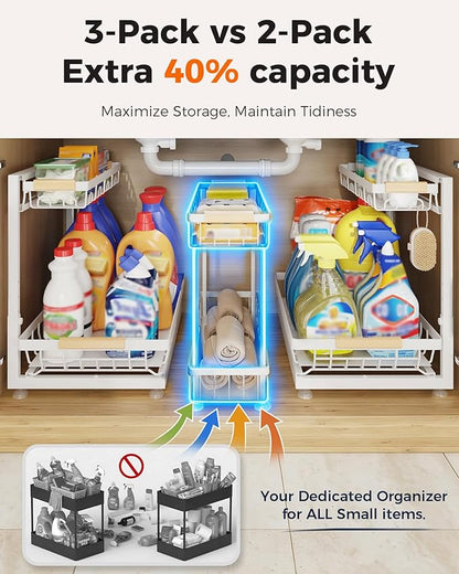 Sevenblue 3 Pack Under Sink Organizer, Multi-Purpose 2 Tier Pull-Out Metal Under Kitchen Sink Organizer, Height Adjustable Storage Shelves for Kitchen Bathroom Cabinet (White)