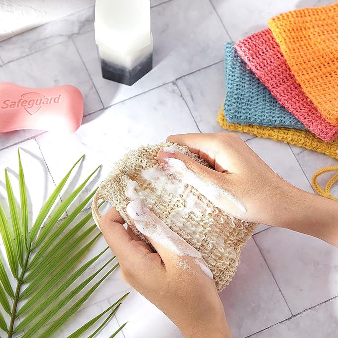 BBTO 5 Pieces Soap Saver Bag Cotton Linen Exfoliating Soap Pouch for Foaming and Drying, Shower, Scrubber(9 x 14 cm,White, Pink, Blue, Yellow, Orange)