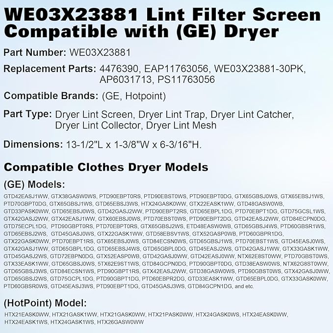 WE03X23881 Dryer Lint Screen Filter Replacement for GE Hotpoint, Fit for GTD42EASJ2WW GTD65EBSJ3WS GTD33EASK0WW GTD42GASJ2WW GTD45EASJ2WS PS11763056, Upgraded Stainless Steel with Cleaner Brush
