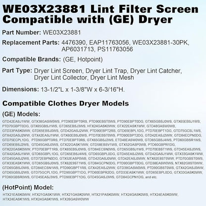 WE03X23881 Dryer Lint Screen Filter Replacement for GE Hotpoint, Fit for GTD42EASJ2WW GTD65EBSJ3WS GTD33EASK0WW GTD42GASJ2WW GTD45EASJ2WS PS11763056, Upgraded Stainless Steel with Cleaner Brush