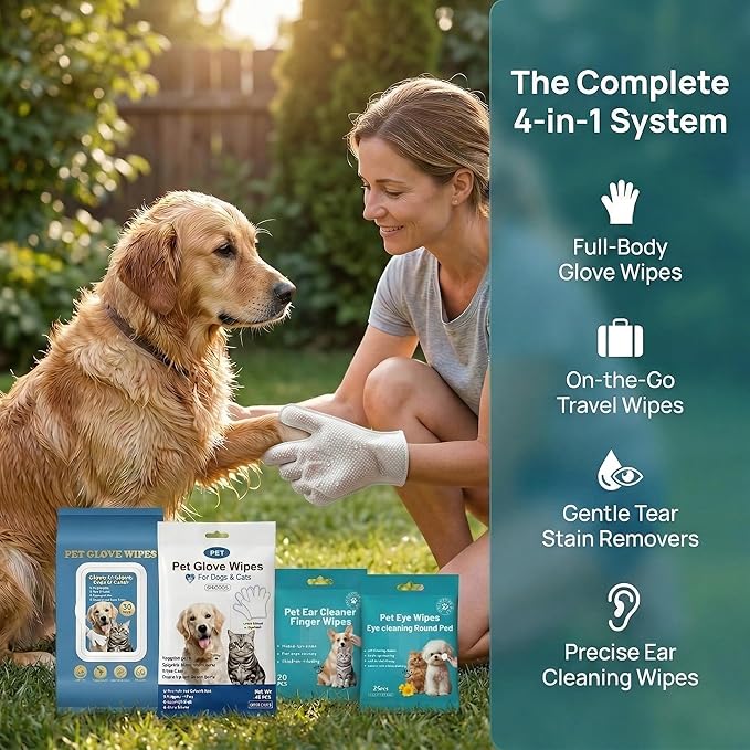 Pet Grooming Wipes Kit for Dogs & Cats – 71 Count No-Rinse Complete Set: Bathing Gloves, Travel Wipes, Tear Stain Wipes & Ear Cleaning Finger Wipes | Hypoallergenic & Vitamin E