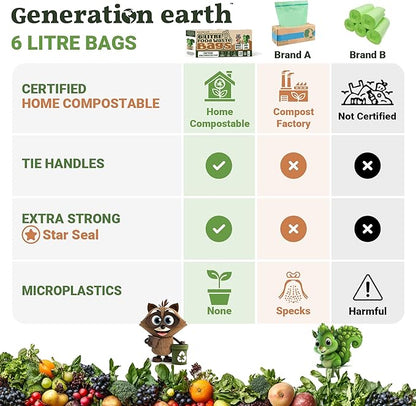 120 Bags 1.6 Gallon (6L) | Tie Handle Compostable Food Waste Bags | BPI Certified Kitchen Countertop Compost Bin Liners | Extra Strong Biodegradable Caddy Bags | Generation earth