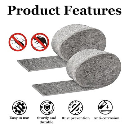 Steel Wool Mice Control - 3 Pack 2.75in x 13ft & 1 Pack Wire Mesh 5in x 15ft, Gap Filler for Pipes Home Garage Garden, DIY Kit with Gloves, Scissors and Wooden Stick