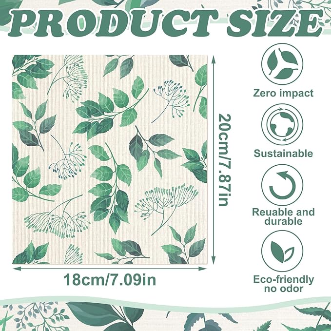 Sunnyray 12 Pcs Swedish Kitchen Dish Towels Dishcloth Reusable Sponge Cleaning Cloth Kitchen Towels Absorbent Washable Dish Cloth Drying Hand Towel(Green, Leaves)
