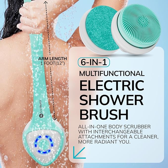 FIRSTHEALTH 6-in-1 Electric Exfoliating Body Scrubber for Women & Men, USB-C Rechargeable IPX7 Waterproof Shower Brush, Detachable Long Handle Back Scrubber & Foot Brush, 3 Modes