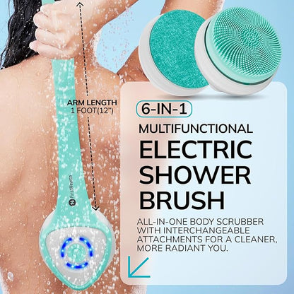 FIRSTHEALTH 6-in-1 Electric Exfoliating Body Scrubber for Women & Men, USB-C Rechargeable IPX7 Waterproof Shower Brush, Detachable Long Handle Back Scrubber & Foot Brush, 3 Modes