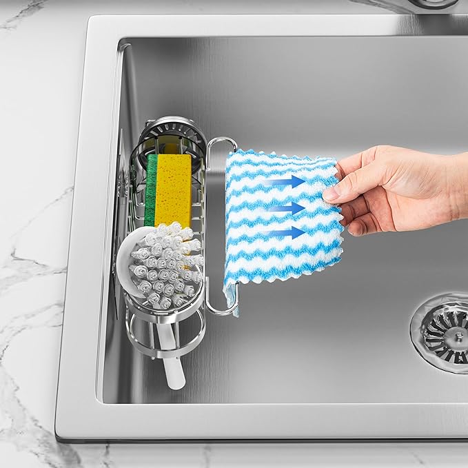 Cisily Kitchen Sink Caddy Sponge Holder in The Sink, Stainless Steel Kitchen Sink Organizer, Brush Holder, Dish Cloth Hanger, Sink Stopper Holder (Hanging-Silver)