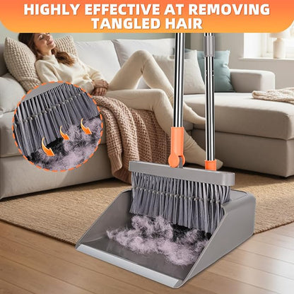 Broom and Dustpan Set, 51 inch Long Adjustable Handle Angle Broom and Dustpan Combo Set with Double Dustpan Teeth to Clean Hair for Home Kitchen Office Lobby Floor Garden, Orange&Grey