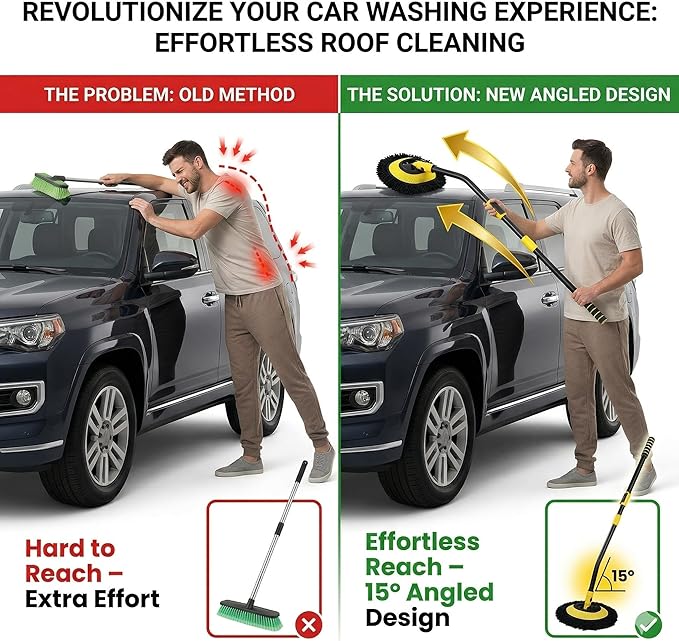 Car Wash Brush with Long Handle, Chenille Microfiber Car Wash Mop, Scratch-Free Cleaning Brush with Adjustable Extension Pole, Includes Replacement Head & Cleaning Cloth for Car, RV, Truck, SUV